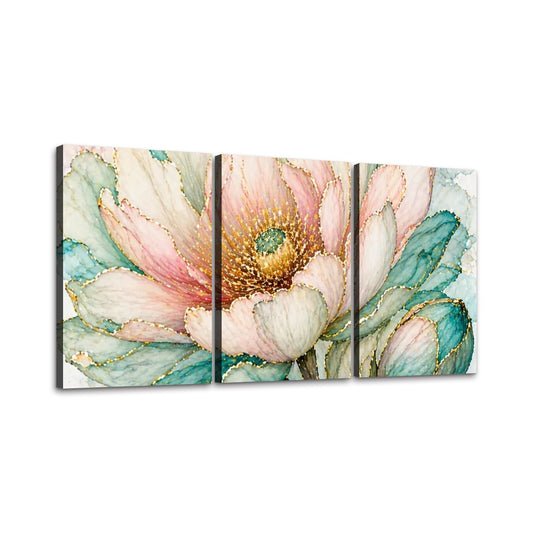 3 Panels Canvas Prints Wall Art Green Peach Flower