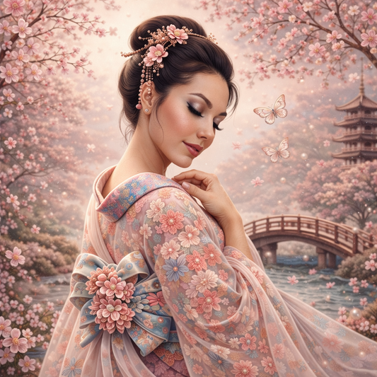 Diamond Art Kit 16x16 Diamond Painting Kit Japanese Geisha Pink Cherry Blossoms