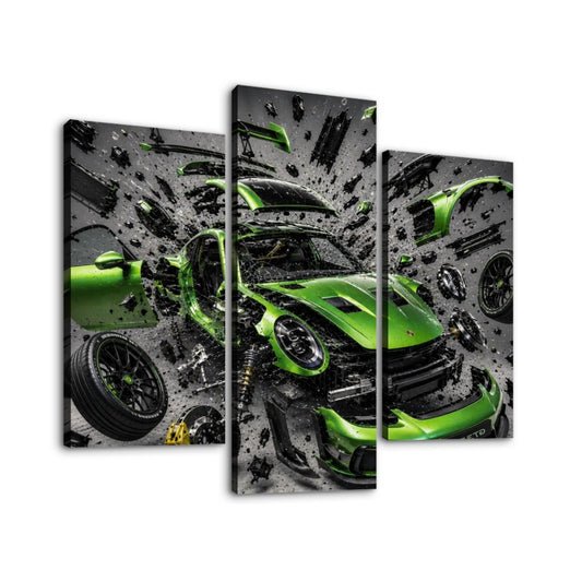 3 Panels Canvas Prints Wall Art Green Shattered Porsche GT3 RS
