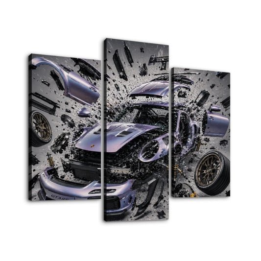 3 Panels Canvas Prints Wall Art Purple Shattered Porsche GT3 RS